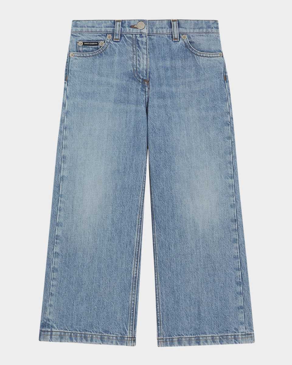 Girl's Logo-Plaque Wide Leg Jeans, Size 4-